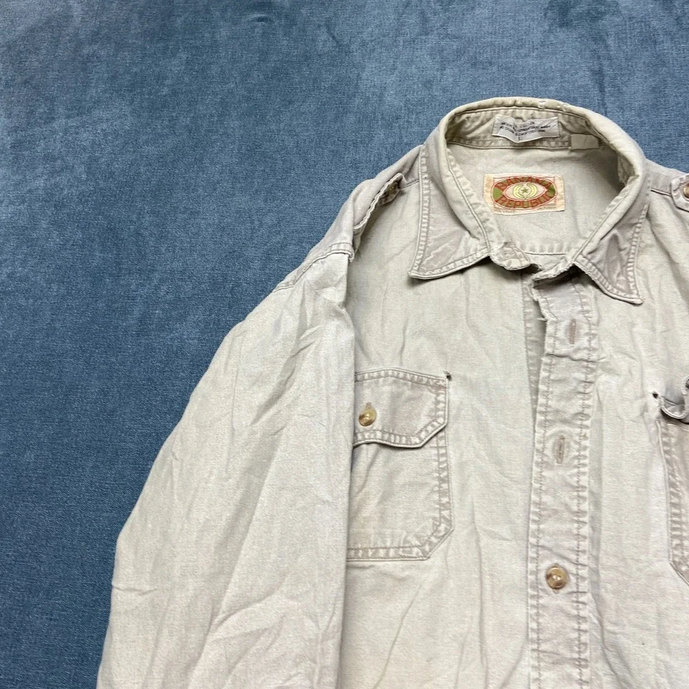 Banana Republic Utility Shirt Mens Large Beige Relaxed Fit Flap Pocket Button Up